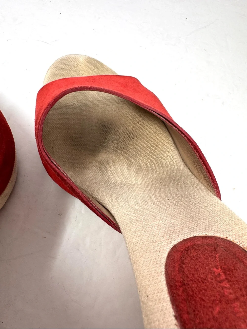 DKNY red suede peep toe wedges, made in Italy, size 9